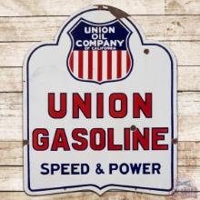 Union Oil Gasoline "Speed & Power" Die Cut DS Porcelain Sign w/ Logo