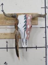Cow Skull Painted in Navajo Style decorated w/Braided Leather, Beads & Feathers TAXIDERMY