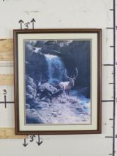 Framed Art Print by Artist Larry Dyke Titled "Job 39:8" of Elk by a Waterfall ART
