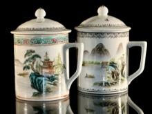 2 Vintage Chinese Mugs with Vented Lids