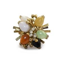 14k Gold Diamond Jade Multi Color Ring - Size