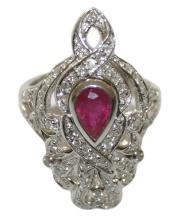 14k White Gold Art Deco Style Ladies Ruby and