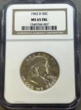 1963-D Franklin Half Dollar, 90% silver, in MS 65FBL NGC Holder