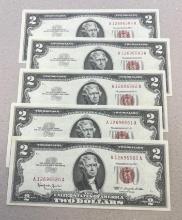 5- 1963 $2.00 Red Seal Banknotes w/ SEQUENTIAL SERIAL NUMBERS, SELLS TIMES THE MONEY
