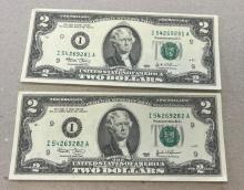 2- 2003 $2.00 Banknotes, w/ sequential serial numbers, sells times the money