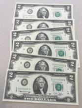 6- 1976 $2.00 Banknotes w/ sequential serial numbers, SELLS TIMES THE MONEY