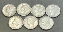 7- Mercury Dimes, SELLS TIME THE MONEY, 1936, 1937, (2) 1939, 1942, 1943 & 1944