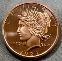 ONE OUNCE .999 COPPER ROUND, MADE IN THE LIKENESS OF A 1921 Peace Dollar