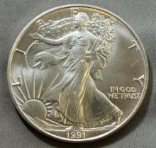 1991 US Silver Eagle Dollar Coin, .999 Fine Silver