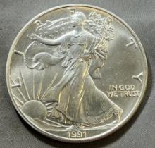1991 US Silver Eagle Dollar Coin, .999 Fine Silver