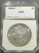 1884-S Morgan Silver Dollar in PCI AU50 holder
