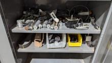 TWO DOOR, GRAY, SUPPLY CABINET WITH ASSORTED NEW, EMMEGI, CNC, PARTS