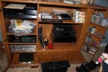 Large entertainment Center including an Onkyo receiver, ONO Ampzilla, Klipsch Speakers, TEAC Stereo,
