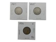 Lot of 3 Liberty V Nickels - 1905, 1906, 1907