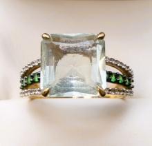 10K Gold Square Cut Ring with Green and Clear Gems sz. 9