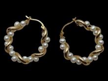 10K Gold Pearl Hoop Earrings