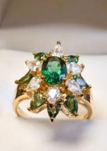 Sterling Silver 925 with Gold Plate Green and Clear Gemstone Floral Ring sz.9