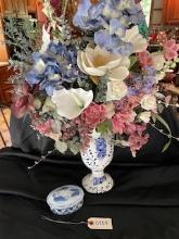 Blue and White Trinket Box and  Vase with Floral Arrangement
