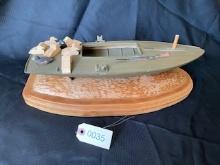 Sink boat replica, handmade with decoys and gun and display stand