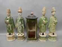 Chinese Ming Dynasty Large 4 Attendant Figures w/ Spirit Chair. Glazed Terra Cotta Pottery