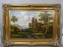 Signed J Ripley Large Castle Ruins by Lake Oil Painting
