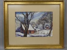Sallie Thomson Humphreys Winter Snow Covered Village Watercolor Painting