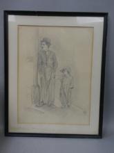 Signed Pencil Drawing of Charlie Chaplin w/ Street Kid Drawing