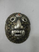 Old Tibet Tibetan Mahalaka Mask Painted Wood with Silver & Semi-precious Stones