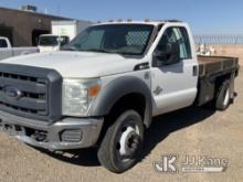 2012 Ford F450 Flatbed Truck Runs & Moves) (Missing Bumper, Body Damage, Driver Seat Damaged, Brakes