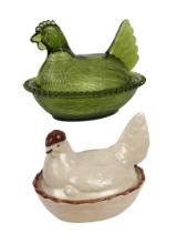 Collectibles (2) Green Indiana Glass Hen On Nest, Glass/ceramic, Unmarked,