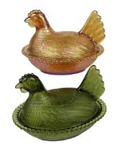 Collectibles (2) Carnival Glass Indiana Hen On Nest, Green Hen On Nest, Unm