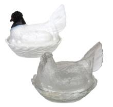 Collectibles (2) Purple Slag Hen On Nest, Clear Glass Hen On Nest, Unmarked