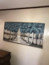 Framed Blue tree picture signed 60 in x 30 in