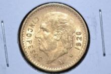 1920 Mexican Five Peso .900 Gold Piece; Unc.