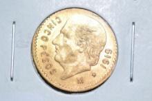 1919 Mexican Five Peso .900 Gold Piece; Unc.