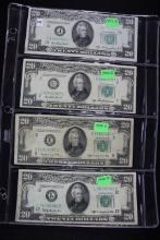 Group of 4 - Twenty Dollar Bills including 1950-A, 1950-B, 1950-C, and 1950-D; XF/AU