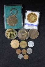 Group of Tokens and Foreign Coins including 1849 Liberty Head Double Eagle Replica, Desert Storm Com