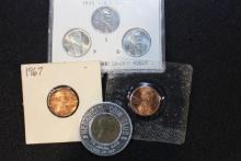 Group of 6 Coins including Set of  P, D, and S 1943 Steel Pennies, 1967 Kennedy Facing Lincoln Penny