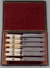 19TH C BONE HANDLE TABLE KNIFE SET OF 10 WITH CASE