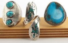 3 NATIVE AMERICAN NAVAJO SILVER TURQUOISE RINGS
