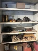 contents of small white cabinet and shelf lot below including gas can, wet vac, lunch box mixed a...