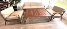 "Auburn", a 4 Piece Outdoor Patio Furniture Set with a 3 Seater Sofa, (2) Side Chairs, and Teak Top