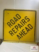 1920's "Road Repairs Ahead" Highway Sign Embossed Yellow/Black