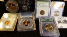 1972 Proof Terrrace Hill Medallion; 1995 S Proof Jefferson Nickel; 1937 P Cent slabbed; 2009 P Virgi