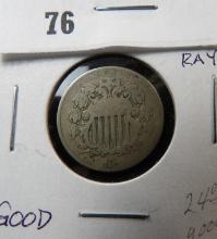 1867 Rays U.S. Shield Nickel, Good.