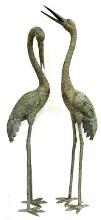 Pair 5' Tall Patinated Bronze Crane Fountains