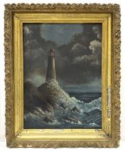 Antique Mid-Century Lighthouse Oil on Canvas
