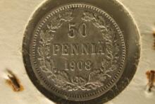 1908-L FINLAND SILVER 50 PENNIA .0615 OZ. ASW AU
