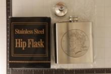 STAINLESS STEEL HIP FLASK WITH PEACE SILVER DOLLAR
