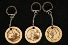 3-1 1/2'' WOODEN COIN THEMED ENGRAVED KEYCHAINS: